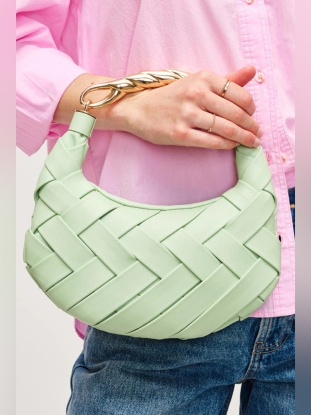 Urban Expressions Mint Green Woven Shoulder Bag with Gold Hardware